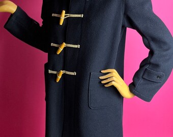 1940s Navy Blue Wool Duffle Coat, Wood Toggles, Rope Loops