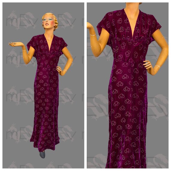 1930s 1940s Violet Velvet Gown Dress, Cap Sleeves,