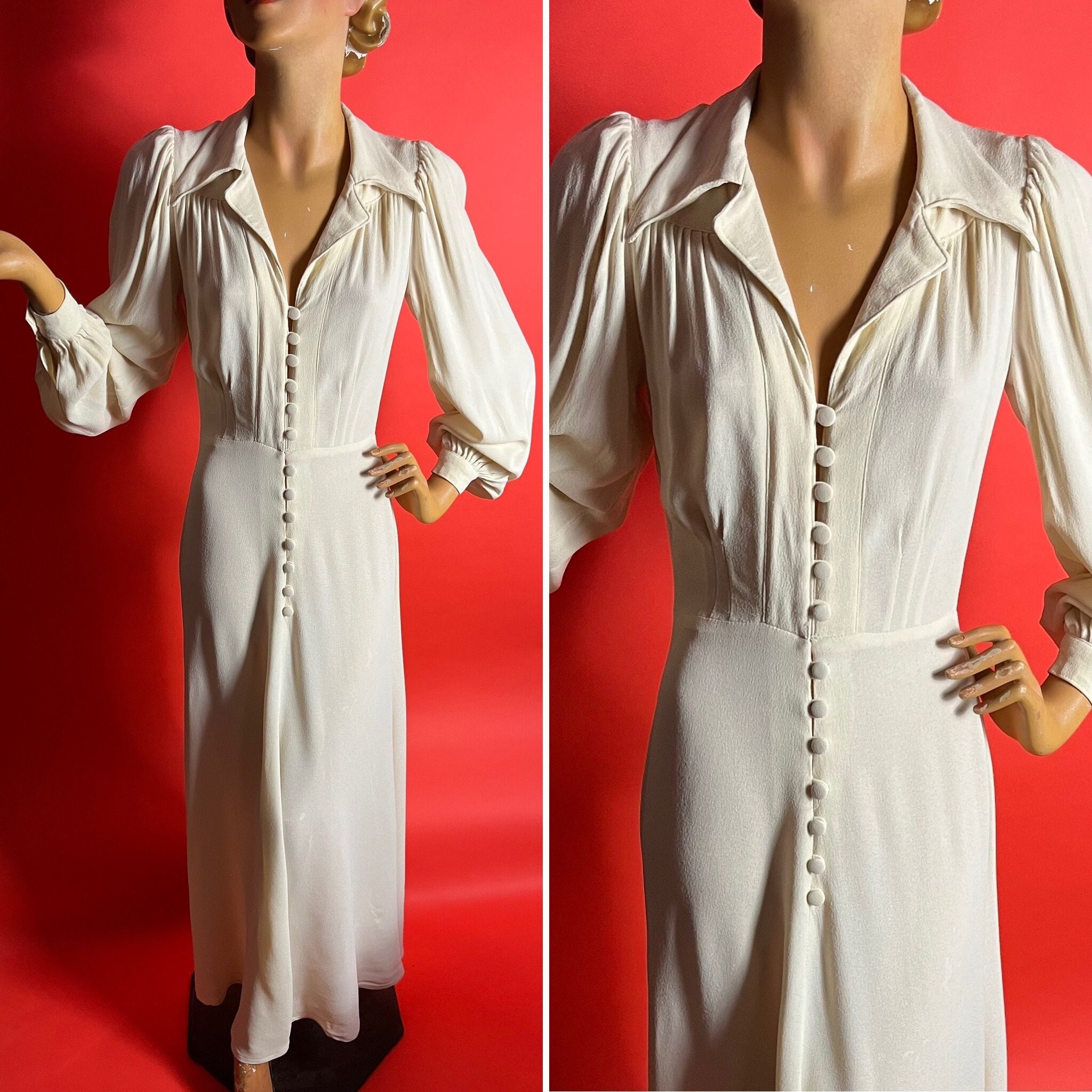 1970s Ossie Clark Cream Moss Crepe Maxi Dress, Button Front