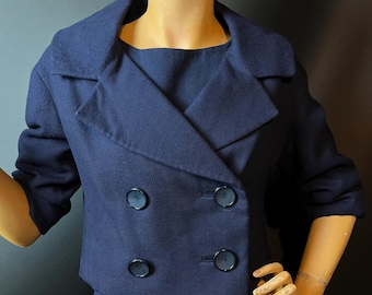 1960s Christian Dior  Navy Blue Brushed Wool Cropped Jacket, Double Breasted, Large Shawl Collar, 3/4 Sleeves, Not Tiny, Numbered