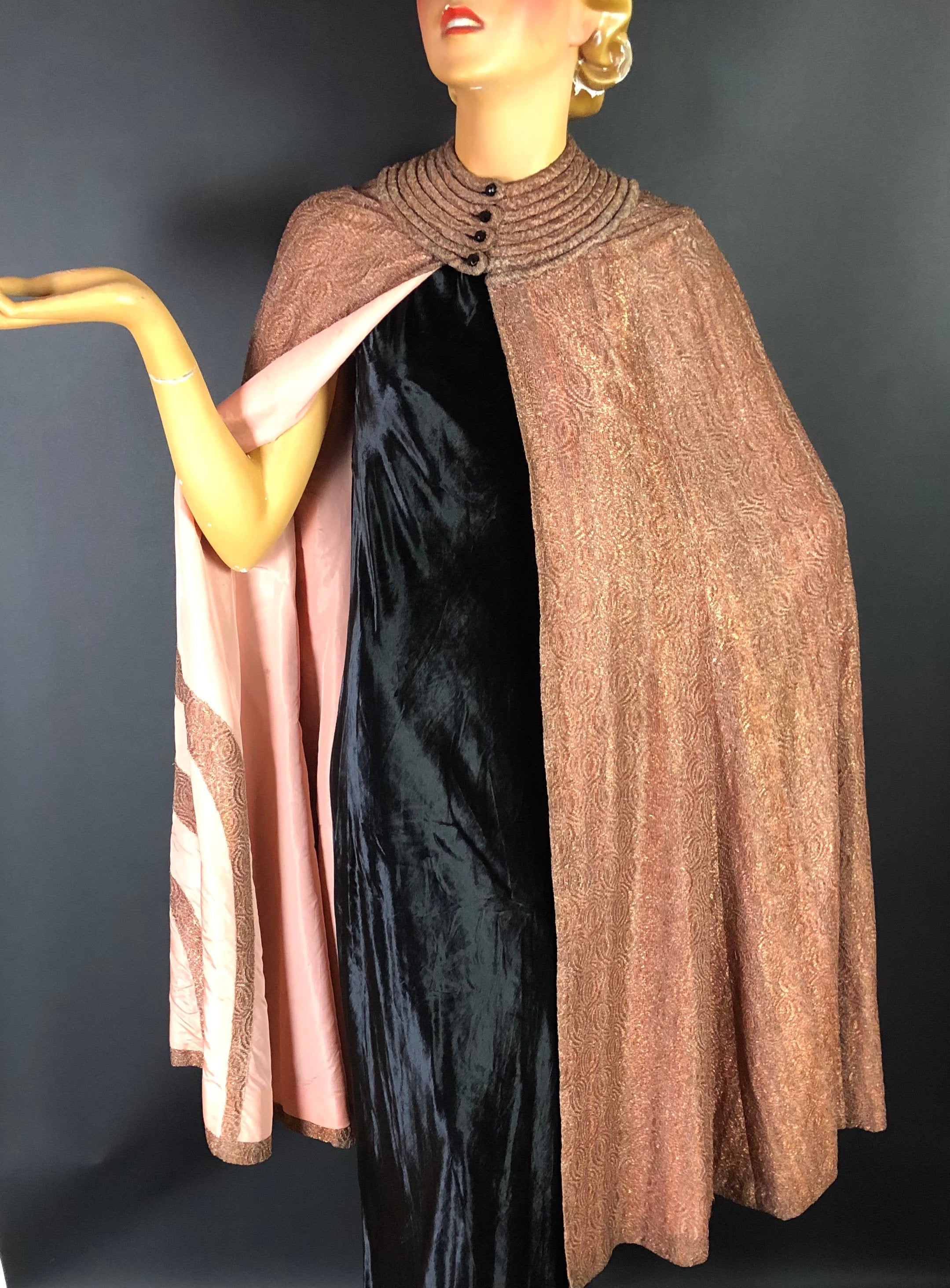 RESERVED 1930s Copper Lamé Cape by Madame Isobel, Midi Length, Modernist Details, Peach Taffeta Lining with Art Deco Details, Glass Buttons