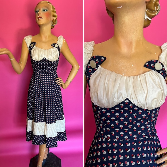 1940s 1950s as Seen on Bettie Page Milkmaid Dress With Shaped Bust, Bias  Cut Semi Full Skirt, Navy Cotton Ditsy Print, Cream Ruched Details