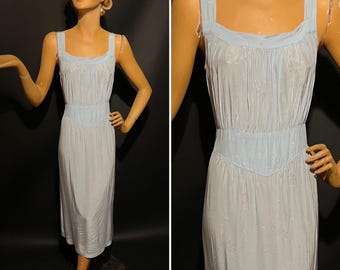 1930s Pale Blue Rayon Midi Length Nightgown with White and Lilac Ditsy Floral Print, Tie Back Waist, Square Neckline with Gathered Bodice