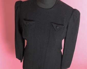 Stunning 1930s Art Deco Black Bouclé Knit Top Blouse Tunic, Button Back, Long Sleeve, Puff Shoulder, Slim Fitted Silhouette, Longline, Rare