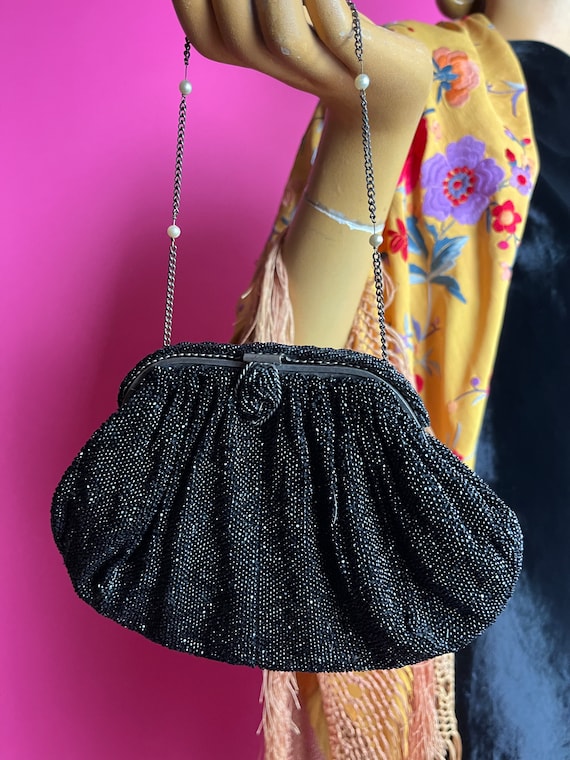 1930s French Black Micro Bead Purse with Pearl an… - image 2