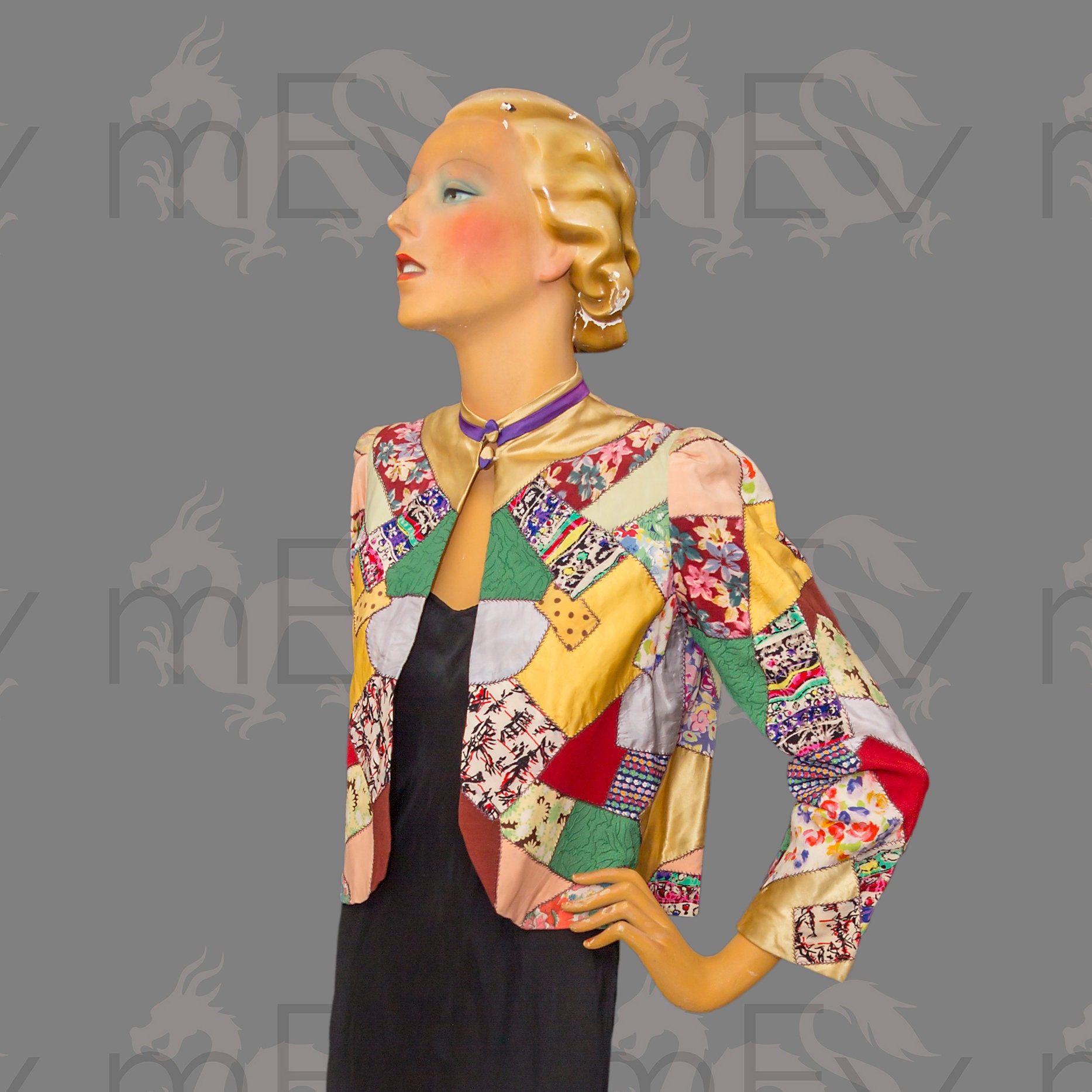 Image of Fabulous S Patchwork Cropped Jacket Bolero Bed Jacket, Button At Neck, Great Fabric Mix, Excellent Condition, Workmanship