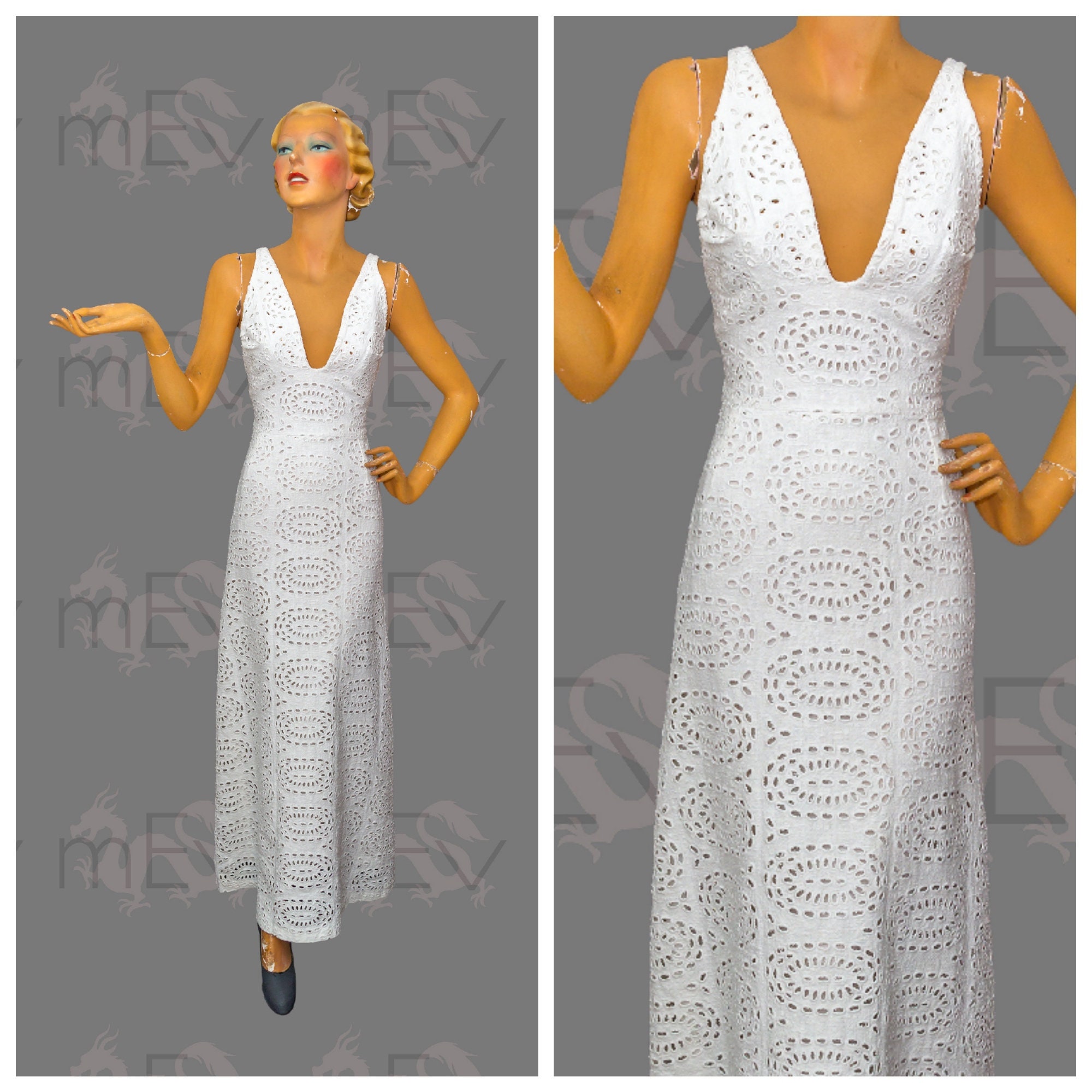 Image of Fantastic S Ted Lapidus Eyelet Maxi Dress Gown With Plunging Neckline, Fitted Midriff, A-Line Skirt, Alternative Bridal Gown, Or Holiday
