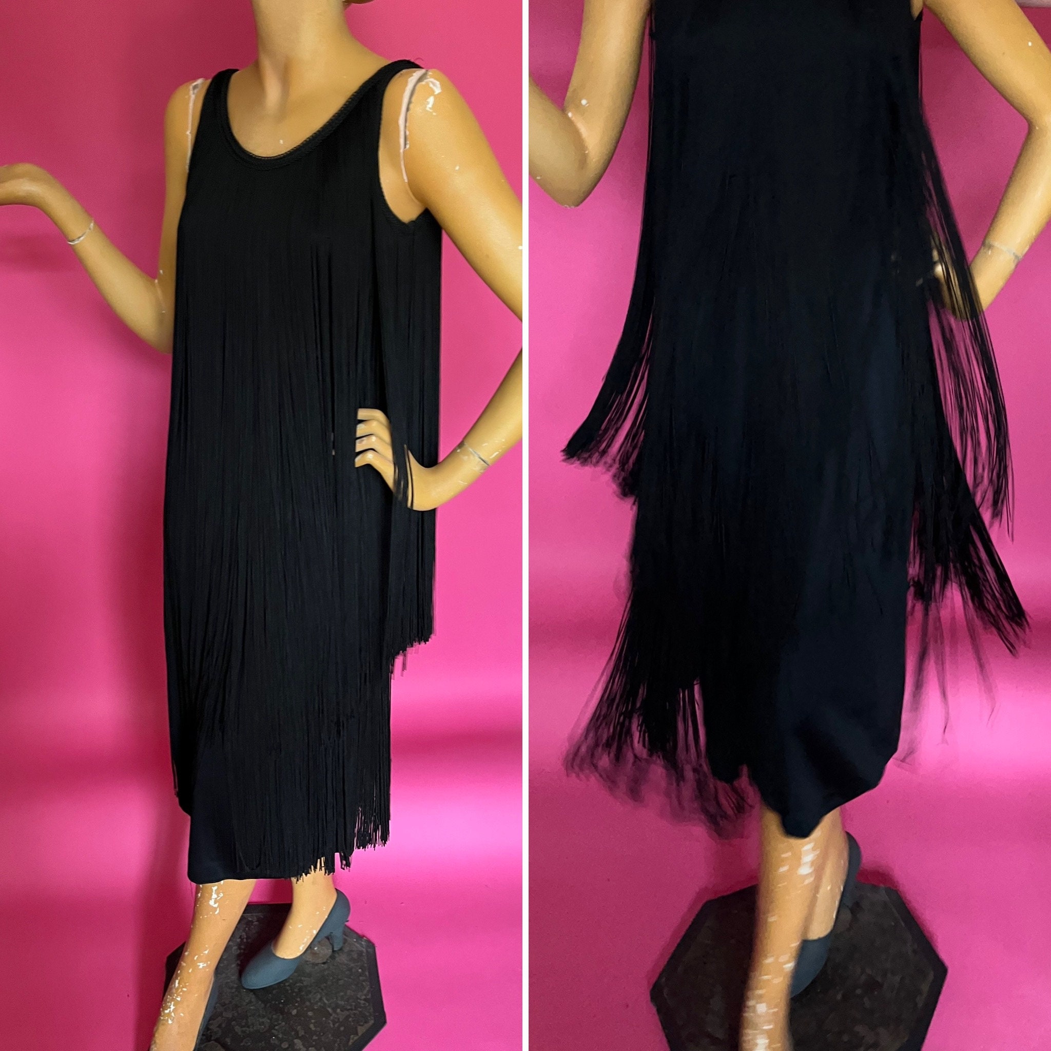 1960s Frank Usher Black Fringed Coctail Dress Double Layer Long Fringe Jersey Underdress Sleeveless Below Knee Length Vintage UK 12 Etsy UK