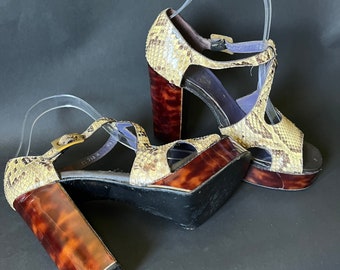 1970s Snakeskin Platform Sandals with Faux Tortoiseshell Effect, Peeptoe, Best for US 8-8.5, 5 inch heel with 1 inch platform