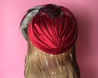 1950s Mr Stanley Red Satin and Grey & Red Feather Hat, Can Be Worn Two Ways, One Size Fits All, Wired