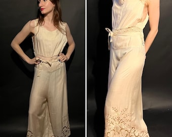 Incredible 1920s Silk One Piece Beach Loungewear Pyjamas with Inset Crochet and Embroidered Cutwork Detail, Wounded but Repaired, AS IS