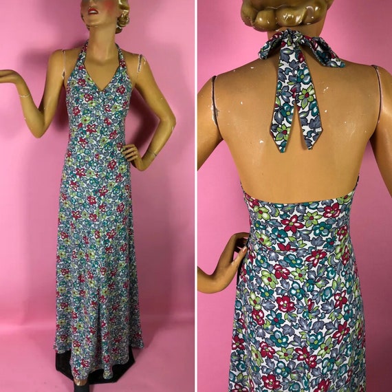 1930s Halter Neck Maxi Dress, Cotton Blend Floral… - image 1