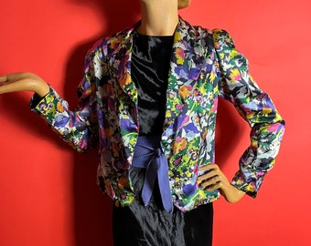 Fantastic 1930s Floral Satin Jacket Blazer by Glentor, Chartreuse, Hot Pink, Lilac, Purple, Yellow, White, Black, Open Fronted