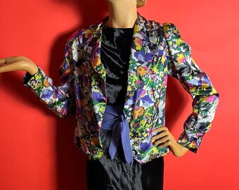 Fantastic 1930s Floral Satin Jacket Blazer by Glentor, Chartreuse, Hot Pink, Lilac, Purple, Yellow, White, Black, Open Fronted