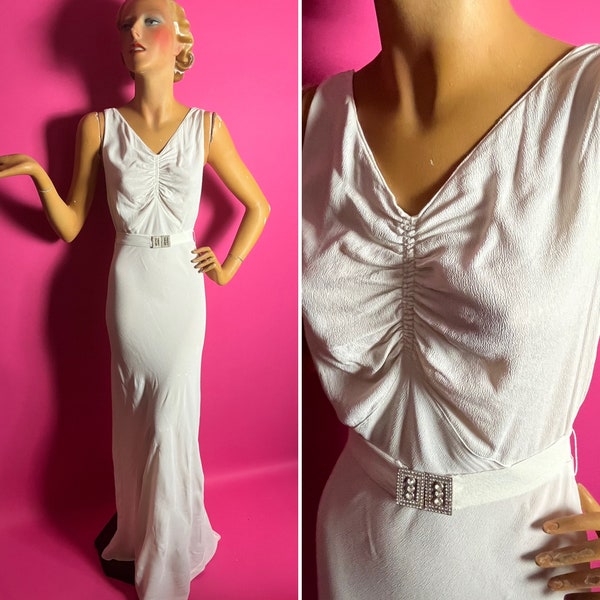 1930s Off White Crepe Gown, Bias Cut, Low Cut Back, Rhinestone Buckle, Belt, Gathered Detail at Front, A Bit AS IS