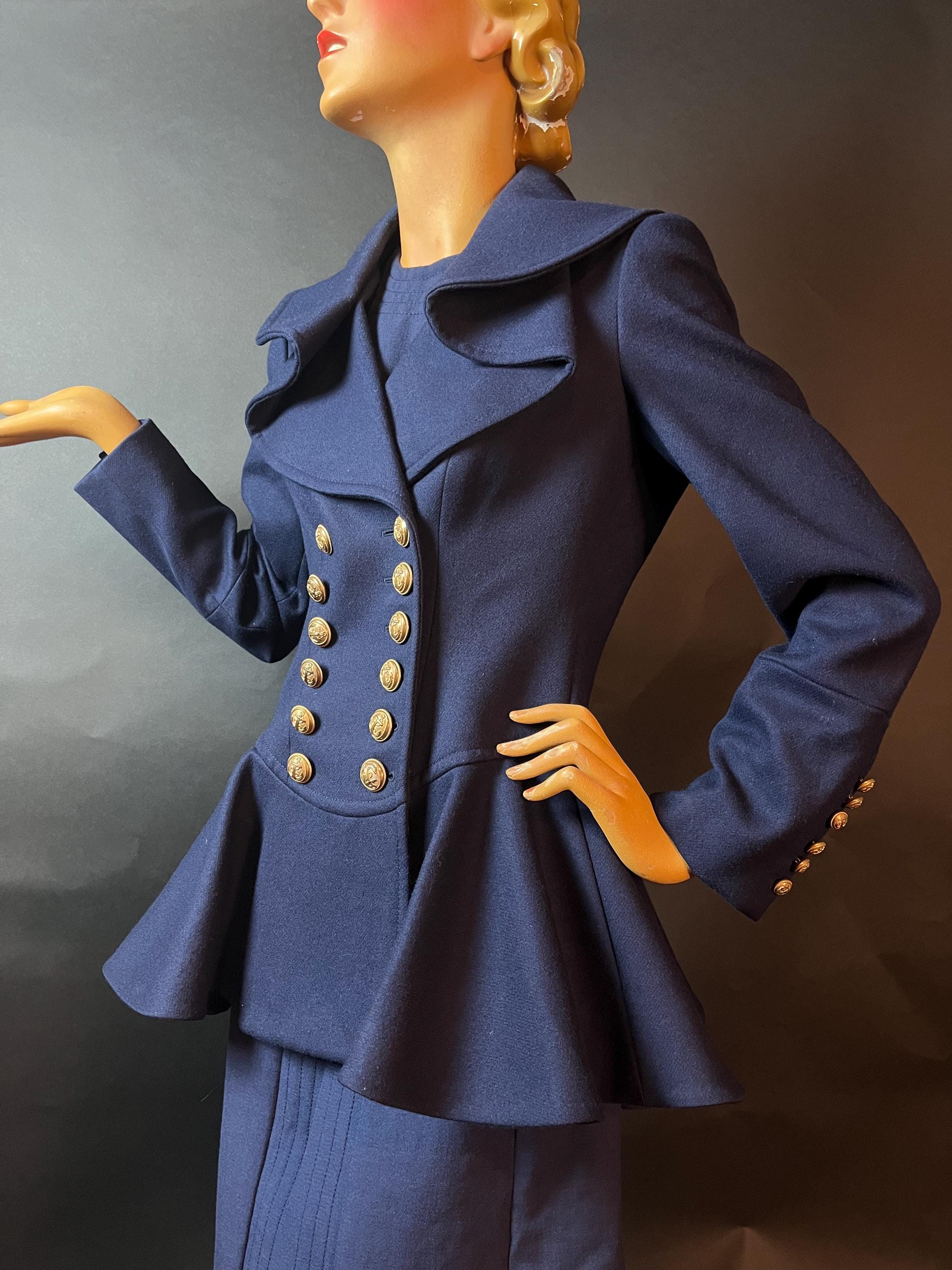 Y2K Alexander McQueen Navy Blue Peacoat, Gathered Peplum, Folded Collar That Can Stand Up, Gold Anchor Buttons, Pockets, IT44