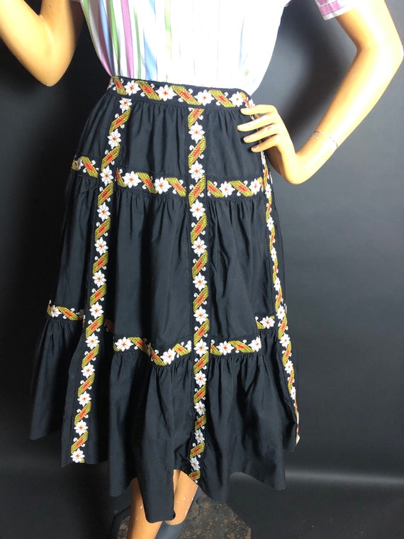 1950s Black Cotton Tiered Folk Art Style Skirt wit