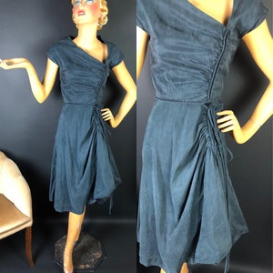 Extraordinary 1950s Talmack Charcoal Grey Dress, Asymmetric Neckline, Shawl Collar, Draped Side, Incredible Construction, Inner Corset
