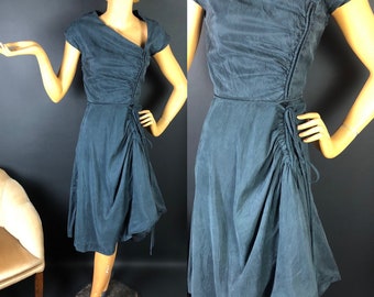 Extraordinary 1950s Talmack Charcoal Grey Dress, Asymmetric Neckline, Shawl Collar, Draped Side, Incredible Construction, Inner Corset
