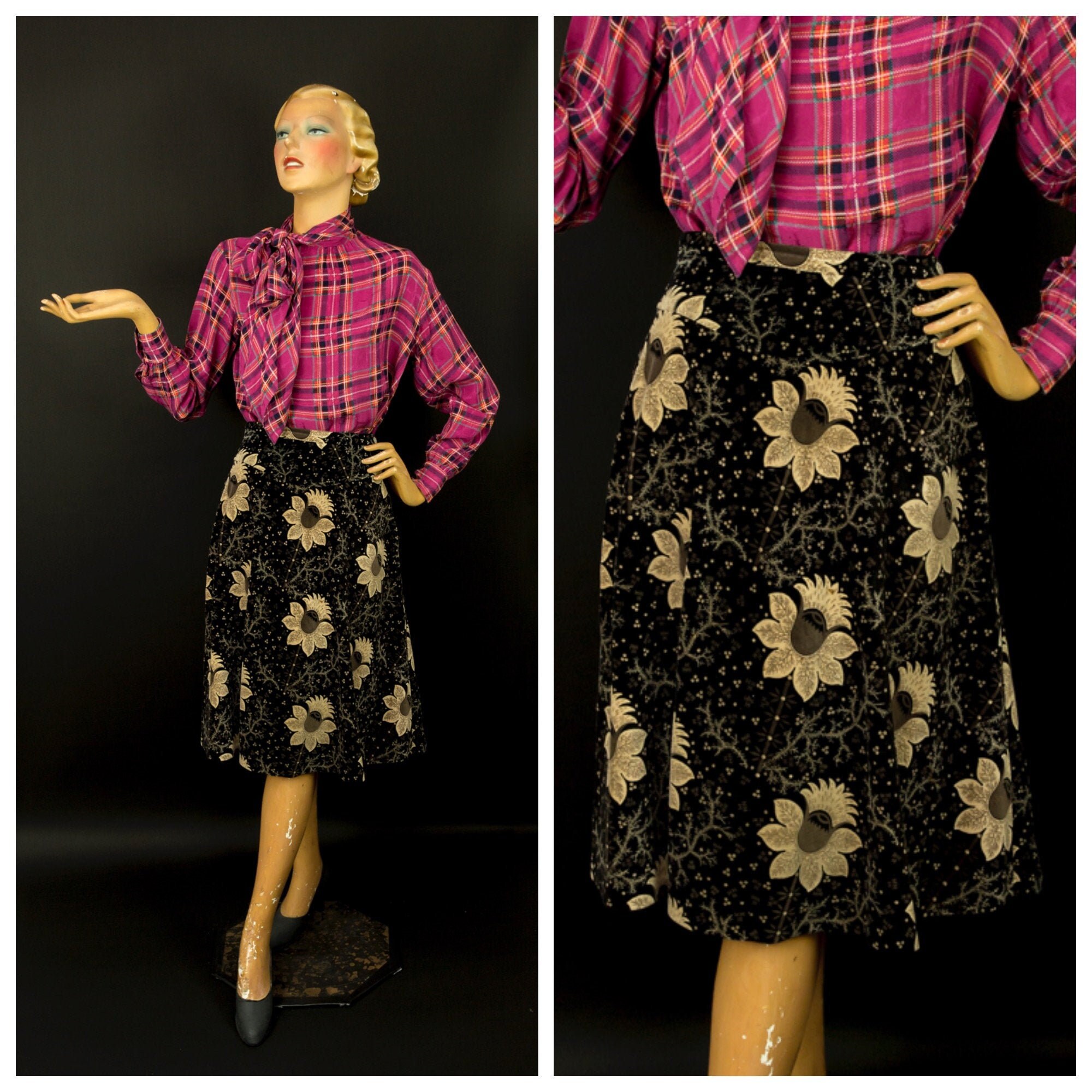 Image of S S Kenzo Paris Velvet A-Line Skirt With Floral Pattern, Black & Beige, Pockets, Lined, Size