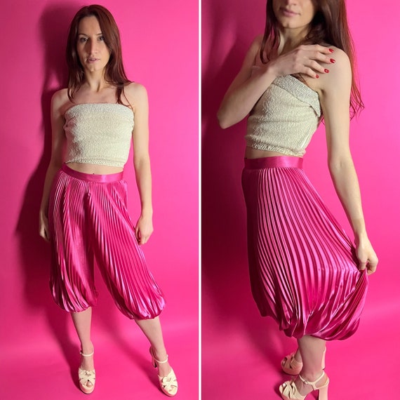 1980s Bright Pink Pleated Satin Culottes Harem Pa… - image 1