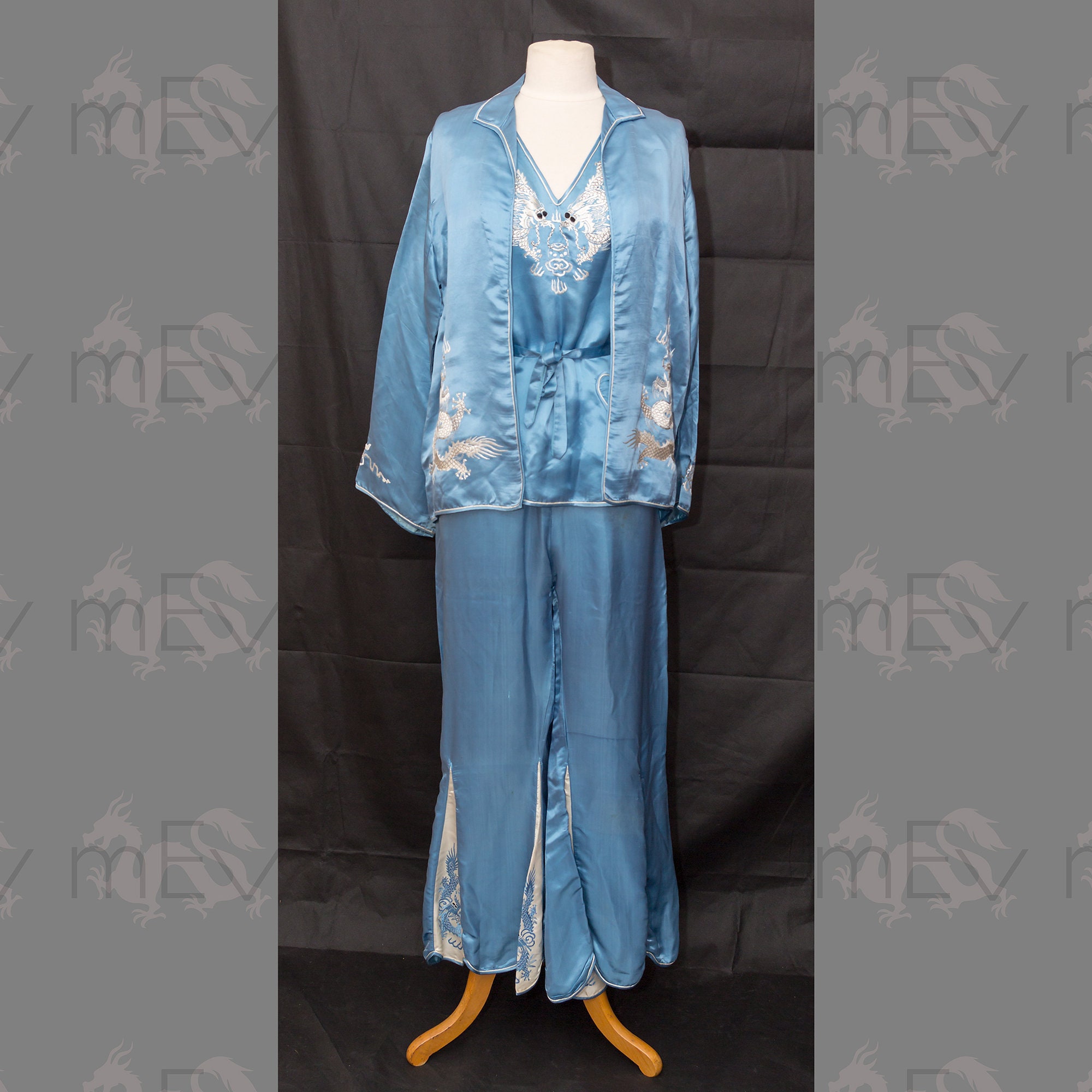 Image of S S Chinese Embroidered Silk Dragon Lounging Beach Pajamas,  Pieces Jacket Top Pants, With Belt, Heart Pocket, Pale Blue Satin