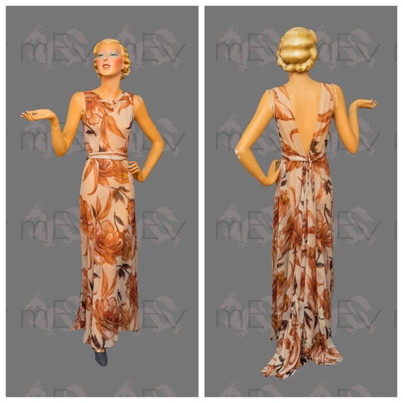 Fabulous 1930s Silk Chiffon Full Length Gown Dress