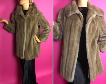 1970s Faux Mink Fur Coat by St Michael, Warm Taupe Colour, Mid Thigh Length, Collar, Marked Size UK 16 FR44