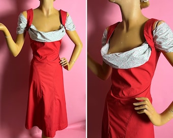 Y2K Vivienne Westwood Red Label Solid Red and Ditsy Floral Print Milkmaid Dirndl Style Dress, Larger Size IT46 (UK14/US10)