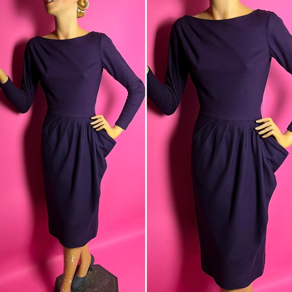 1950s Carlye Purple Wool Bombshell Wiggle Dress With Gathered