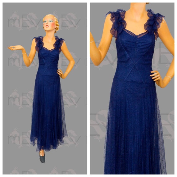 Ethereal 1930s Fine Lace Navy Blue Gown Dress with