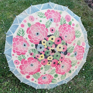 1920s 1930s Art Deco Floral Stencilled Sun Parasol, Sunbrella, Bakelite Tips, Stencilled Handle, Wood Shaft, Canvas Canopy