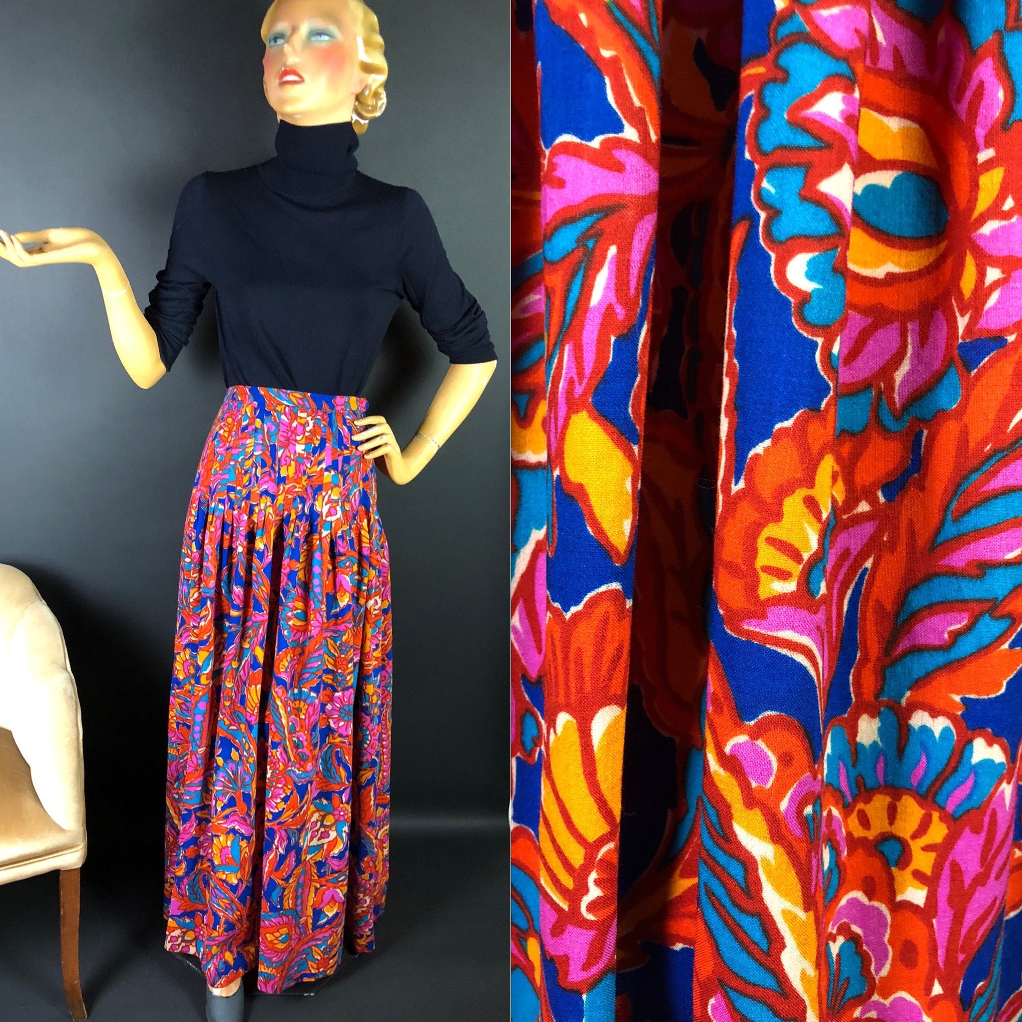 Image of Fabulous S Ysl Rive Gauche Wool Challis Maxi Skirt, Bright Colours, Fitted Below Waist, Fuller From Hips, Marked Size