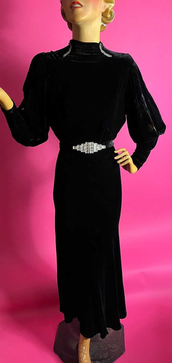 1930s Black Velvet Gown with Split Balloon Sleeve, Hi… - Gem