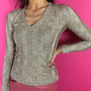 1970s YSL Rive Gauche Metallic Gold and Silver Knit Skinny Sweater, V Neck, Size 38