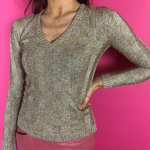 1970s YSL Rive Gauche Metallic Gold and Silver Knit Skinny Sweater