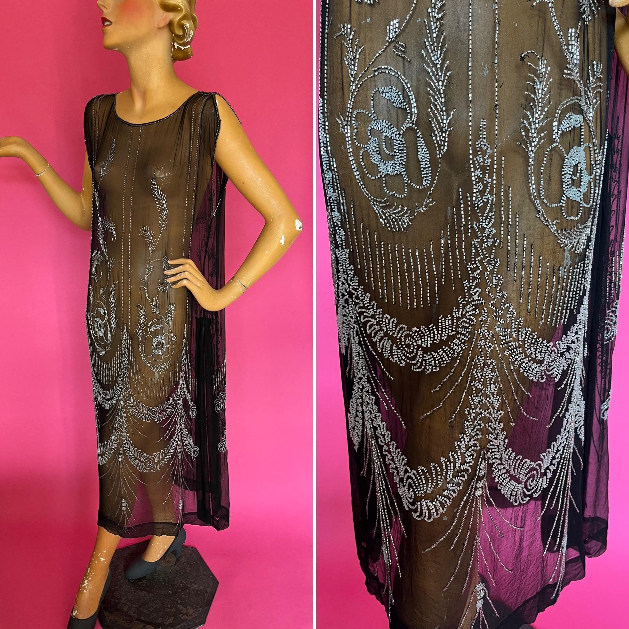 Beautiful 1920s Black Silk Chiffon Dress with Clear and Silver Beading in a Floral and Swag Pattern, Side Insets, French, Up to 44 Bust