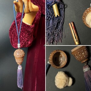 Rare 1910s Carved Coquilla Nut Minaudiere, Inset with Rhinestones, Cord Wristlet, Tassel, Powder Receptical, Lipstick
