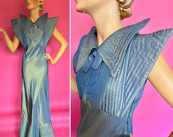 Epic 1930s Shot Taffeta Gown with Incredible Padded Quilted Collar and Hem, Bias Cut, Full Length, Blue and Golden Green