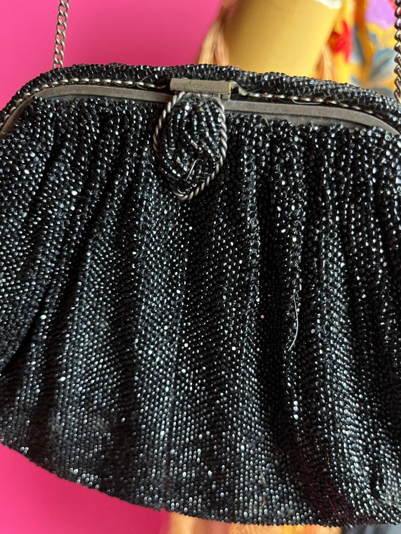 1930s French Black Micro Bead Purse with Pearl an… - image 3