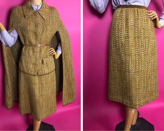 1960s Mustard Tweed Long Cape and Pencil Skirt Set, Integrated Purse, Suede Trim, Large Gold Snap Closure, Slim Leather Belt (Not Original)