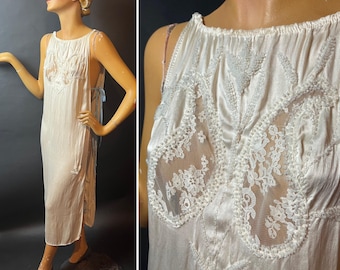 1920s Cream Silk Negligée Tabard with Beading and Lace Inset Paisley Shapes, Something Blue Side Ties, Trousseau Piece