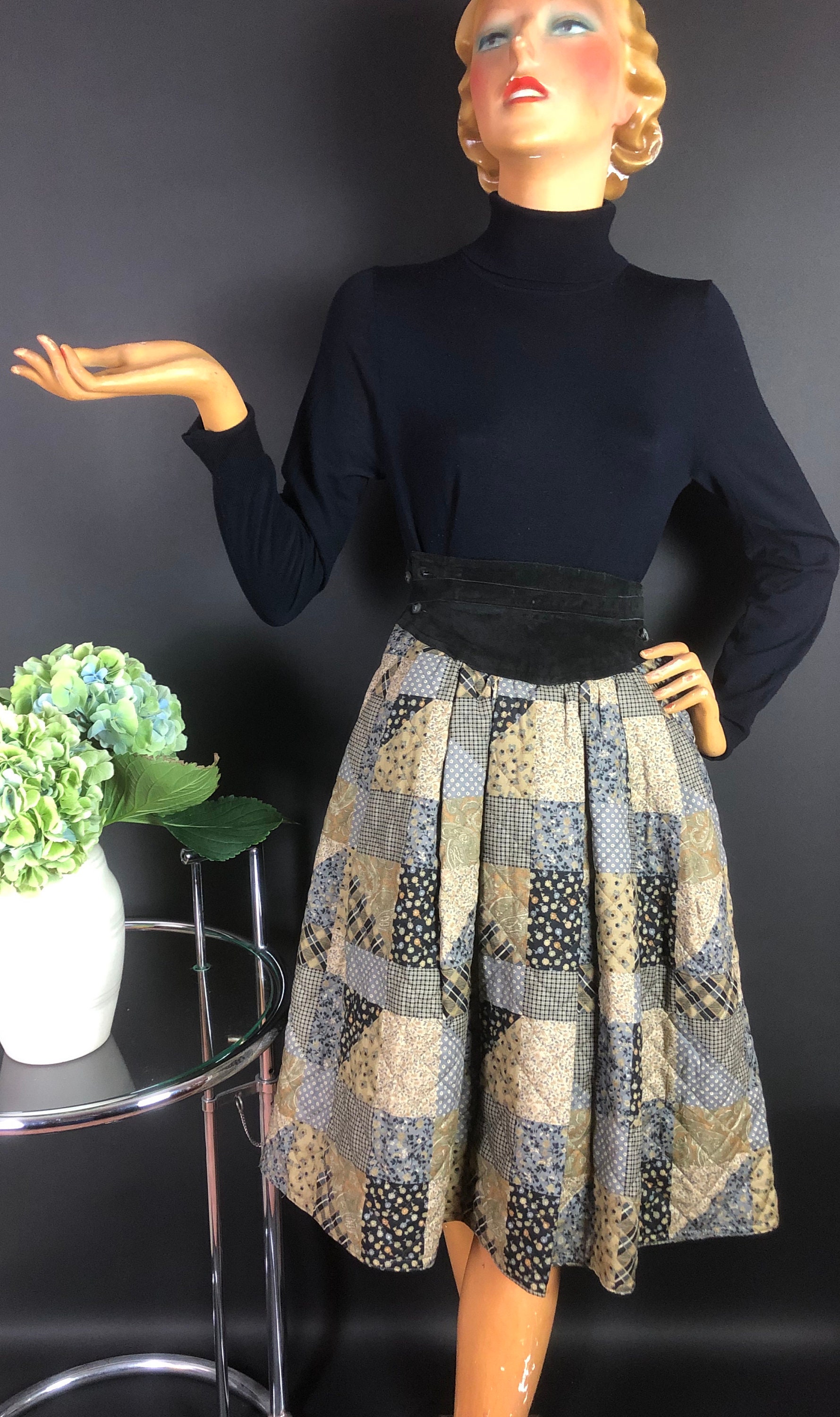 Image of S Sportmax Quilted Skater Skirt With Patchwork Print & Black Suede Kidney Belt Style Waistband, Marked Uk