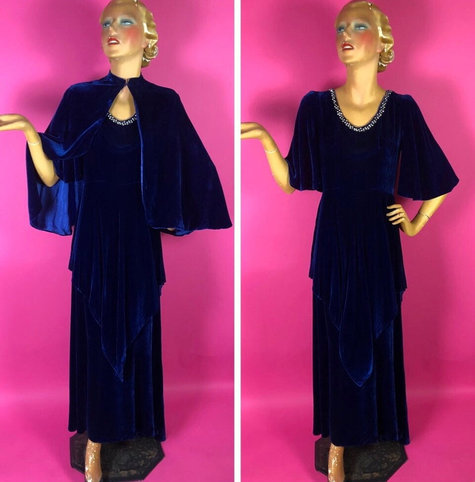 1930s Does Edwardian Blue Velvet Gown 
