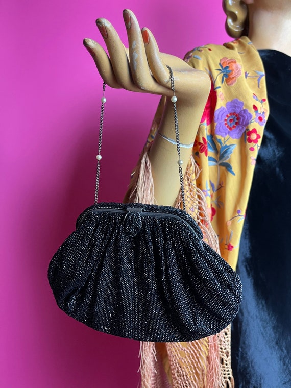 1930s French Black Micro Bead Purse with Pearl an… - image 1