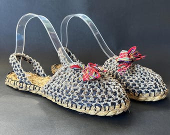 Rare 1920s 1930s Woven Espadrille Sandals, Beach Shoe, Slingback, Navy Blue and Beige, Bow Detail, Woven Jute Sole