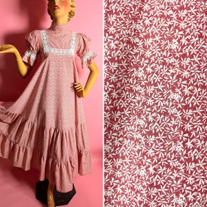Early 1970s Laura Ashley Floral Maxi Prairie Dress, Tiered, Short Puff Sleeves, Crochet Trim, Full Skirt, Made In Wales, Size 12