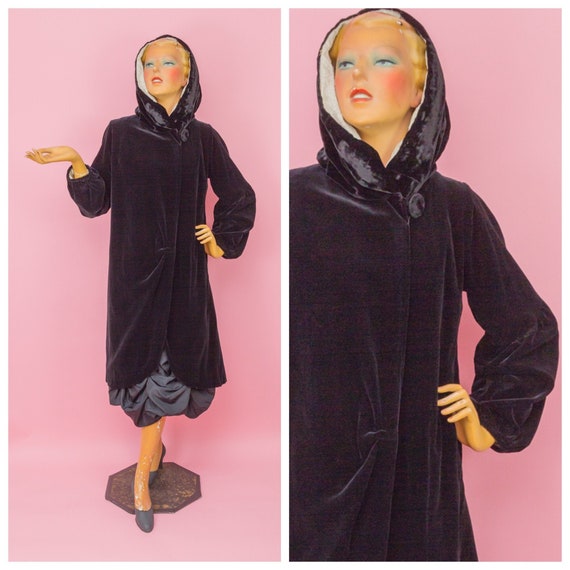 1920s Hooded Black Velvet Cocoon Coat with Quilted