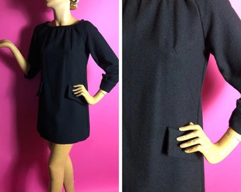 1960s Black Textured Wool Mini Dress LBD with 3/4 Sleeves, Beaded Boat Neckline, Faux Pockets, Lined, Mid-Thigh Length