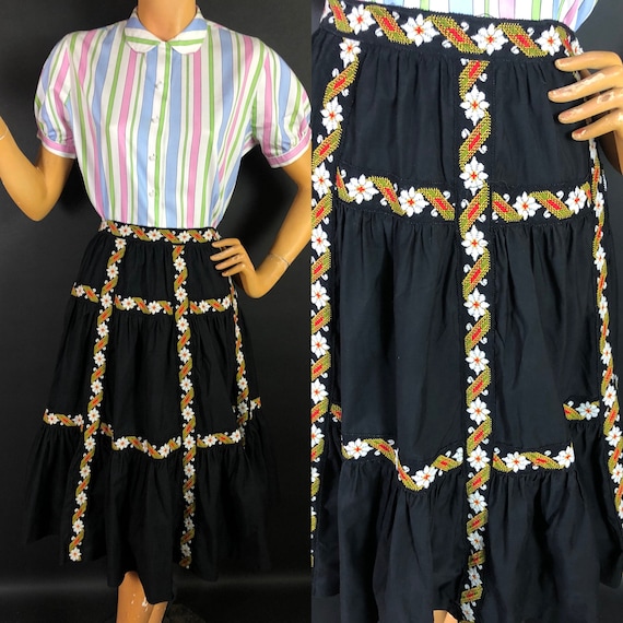 1950s Black Cotton Tiered Folk Art Style Skirt wi… - image 2